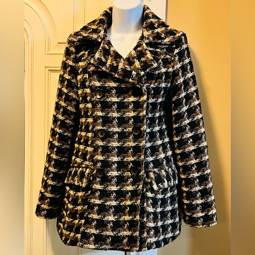 Old Navy Black and White Plaid Pea Coat